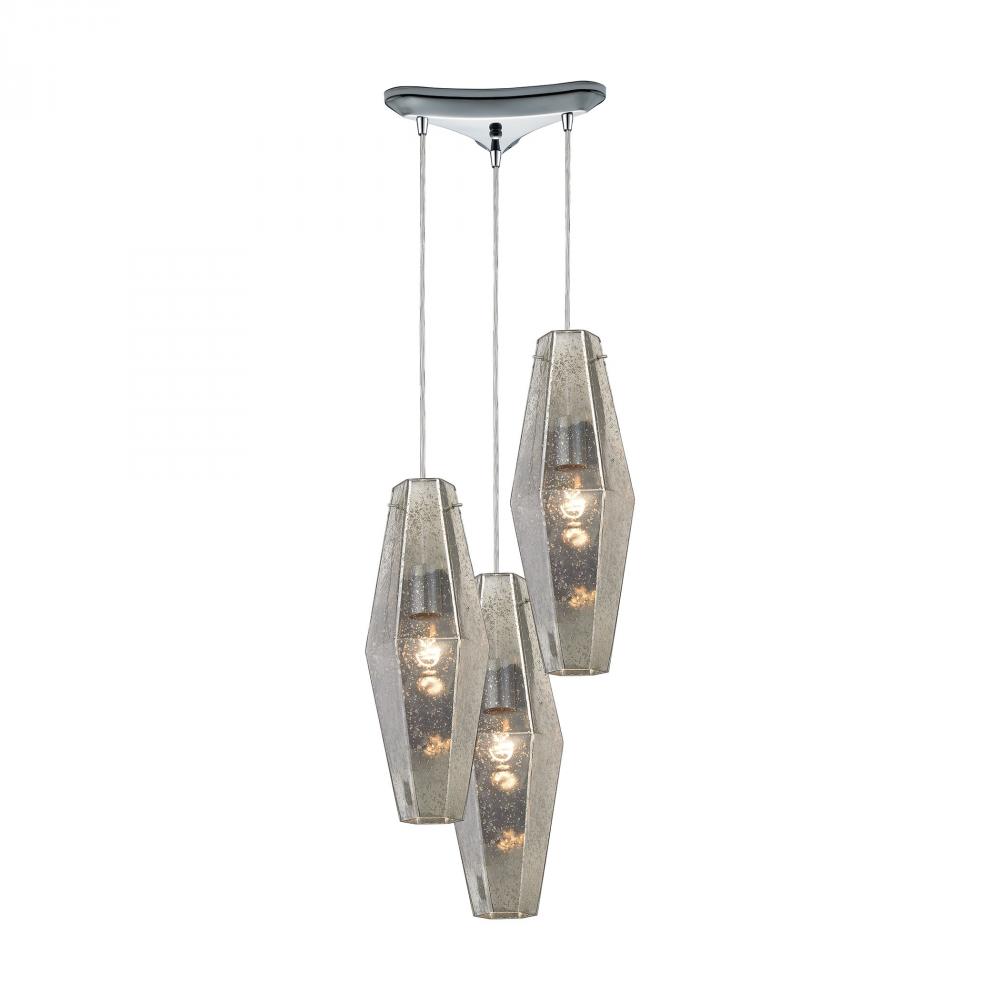 Pelham 3-Light Triangular Pendant Fixture in Polished Chrome with Mercury Glass