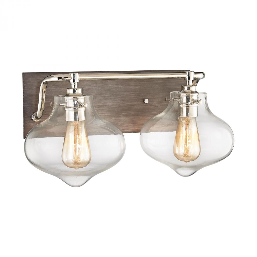 Kelsey 2-Light Vanity Lamp in Polished Nickel and Weathered Zinc with Clear Glass